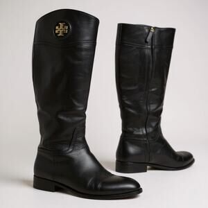 Tory Burch Ashlynn Leather Riding Boots Oval Tor Side Zip Black Gold Size 8.5M